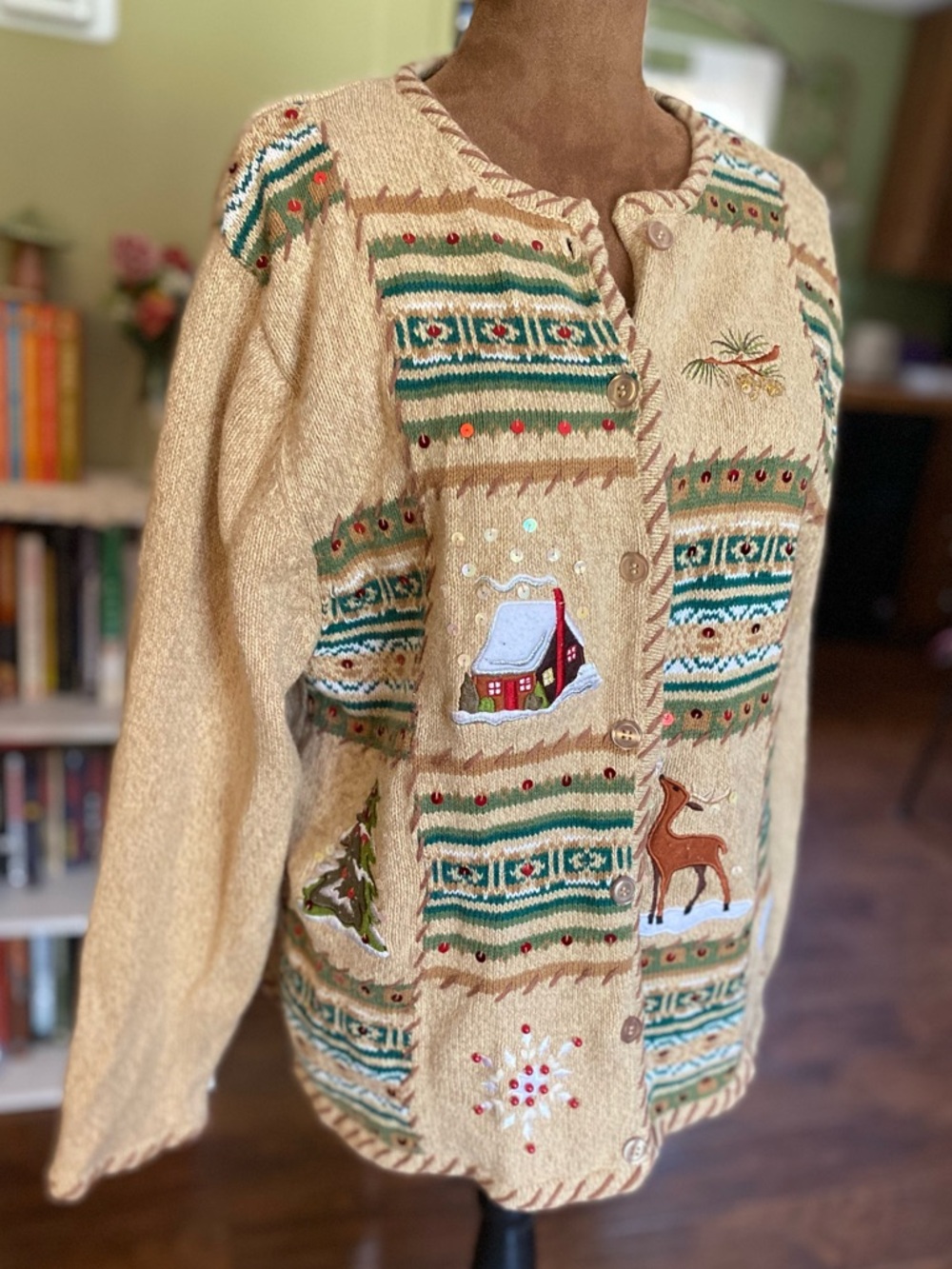 Crystal Kobe xl tan embroidered Christmas cardigan